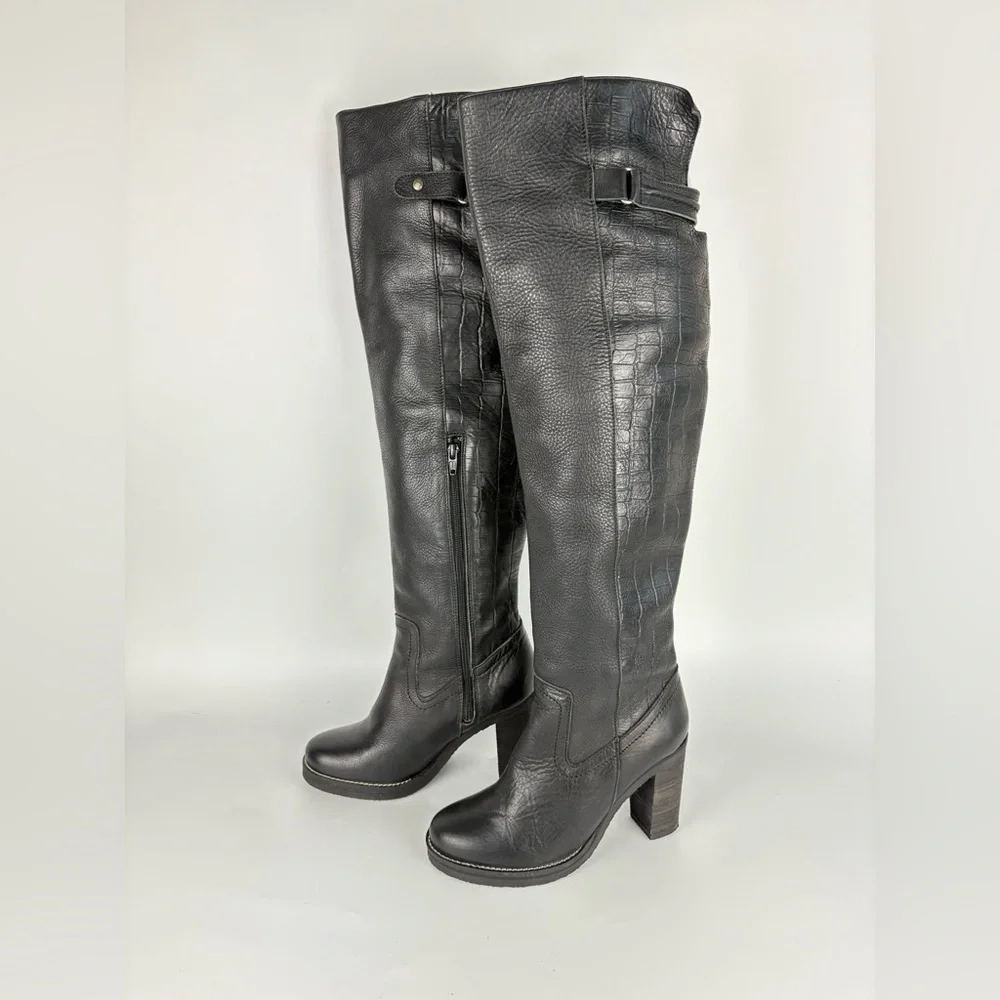 New Free People Black Leather Novak Over the Knee Heeled Boots